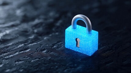 Fototapeta premium Glowing blue digital padlock on circuit board.