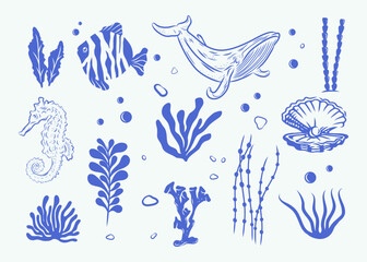 Marine life blue illustration pattern vector coral, shell, scallop, whale, deep sea background layout silhouette printable