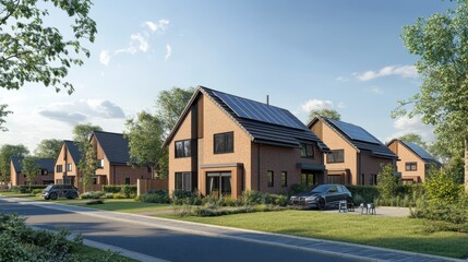 Fototapeta premium Solar panels on rooftops of modern British houses under clear blue sky. image captures sustainable energy solution in residential area, showcasing eco friendly living