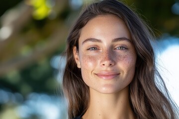 Obraz premium A young woman with freckles and long hair smiles in soft natural light, exuding confidence and warmth, ideal for themes of beauty and self-acceptance in stock images.