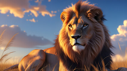 Naklejka premium Majestic Lion in the Golden Afternoon A Hyper-Realistic Portrait