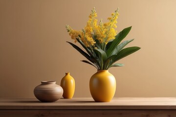 Home room interior style with brown and yellow background, wooden table, vase of plant