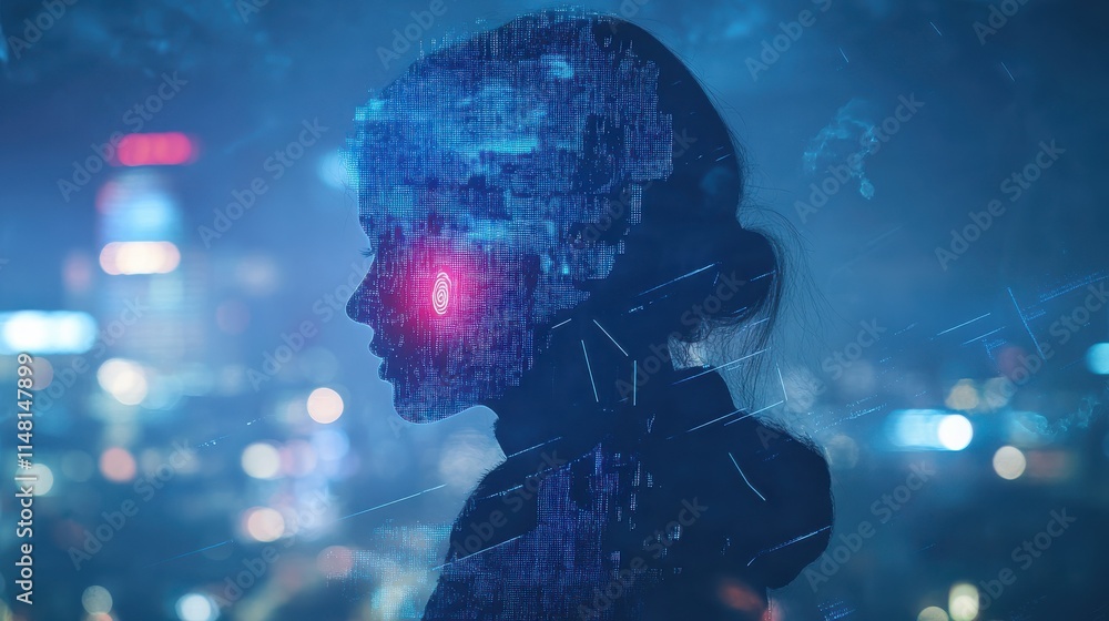 Poster abstract glowing id fingerprint web protection and security interface on blurry blue bokeh city back