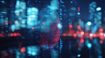 Abstract glowing id fingerprint web protection and security interface on blurry blue bokeh city background. Identification, cybersecurity and privacy concept. Double exposure