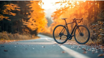 Fototapeta premium Road bike parked on a beautiful road sunset, warm light with copy space. copy space on the right side