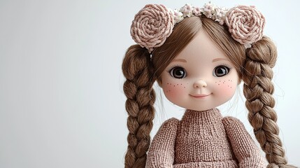 A charming doll with braided hair and floral accessories, dressed in a knitted outfit.