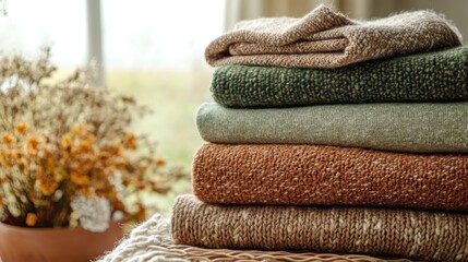 Cozy Stack of Knitted Sweaters in Earth Tones by a Window with Autumn Flowers in Soft Natural Light