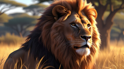 Naklejka premium Majestic Lion in the Golden Afternoon A Hyper-Realistic Portrait