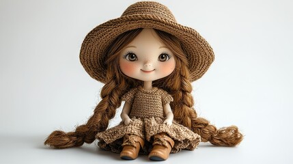A charming doll with braided hair, wearing a straw hat and a knitted dress, sitting serenely.