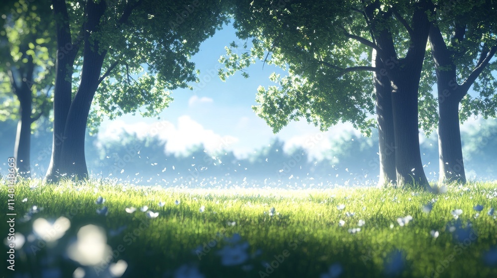 Poster a field of grass with trees in the background. the grass is green and the trees are tall