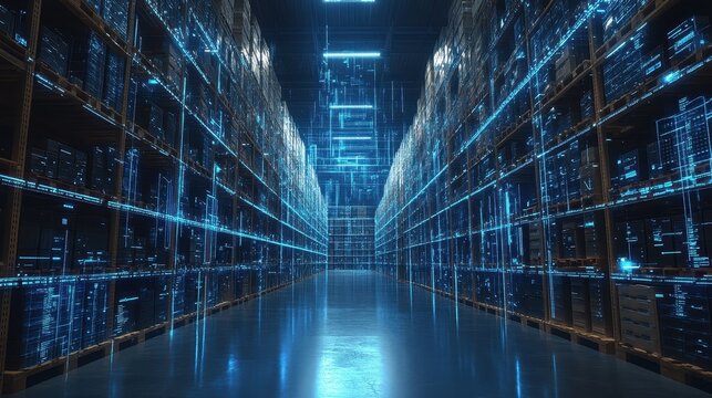 Digital inventory monitoring with predictive analytics display, close up, analytics theme, ethereal, overlay, smart warehouse backdrop - Powered by Adobe