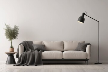 Industrial black lamp next to beige couch with blanket and pillows, copy space on empty white wall