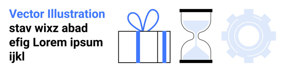 Gift box with bow, hourglass, and gear represent gift-giving, time management, and productivity. Ideal for business planning, holiday sales, efficiency tools, scheduling teamwork motivation