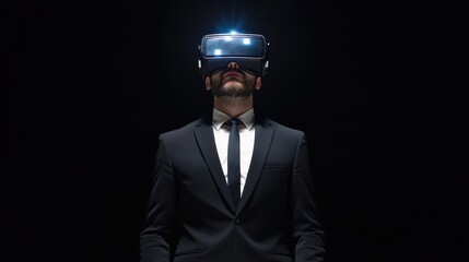 business, augmented reality, people and future technology concept - businessman in suit working with virtual screens projection over black background