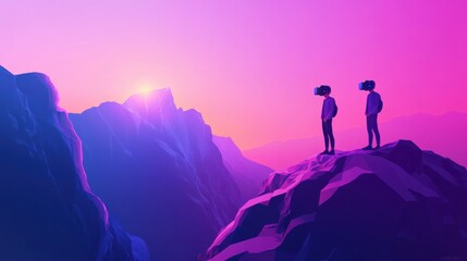 Business people on virtual reality tour 360 watching beautiful landscape and a camera. Virtual tour, 3d reality tours, virtual reality walk concept. Website vibrant violet landing web page template.