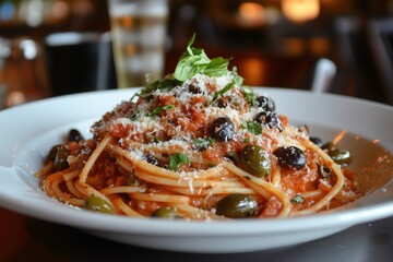 Rich plate of spaghetti alla puttanesca with olives and parmesan