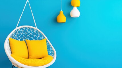 Bright and Modern Hanging Chair with Yellow Cushions Against Blue Wall