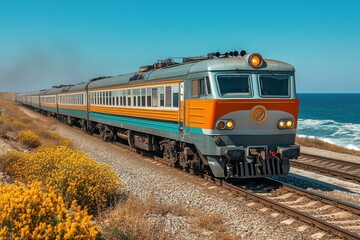 Obraz premium A vintage passenger train travels along a coastal railway with yellow wildflowers in the foreground and the ocean in the background under a clear blue sky.
