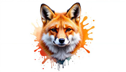 Obraz premium Artistic portrait of a fox with bright orange fur and piercing eyes surrounded by colorful splashes copy space