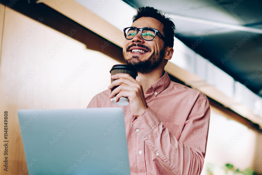 Poster cheerful dreamy guy thinking about successful career during working process while his colleagues mak