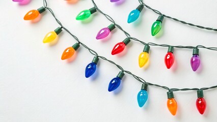 Rainbow  Christmas lights on white background, copy space for text