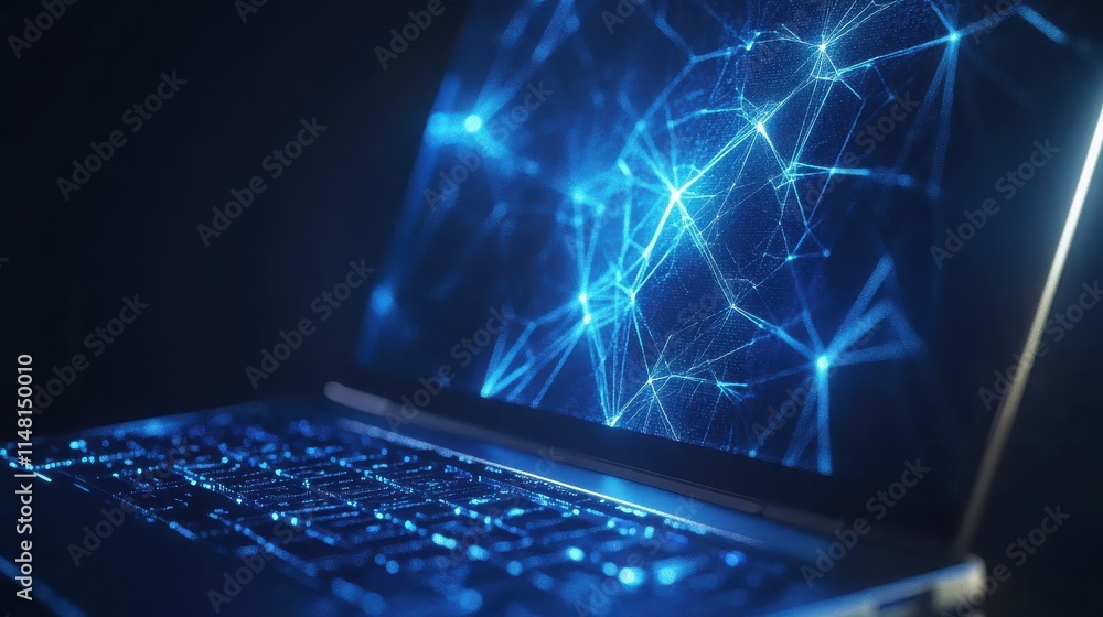 Aufkleber close up of laptop computer with blue polygonal mesh. technology, security and web hacking concept. 