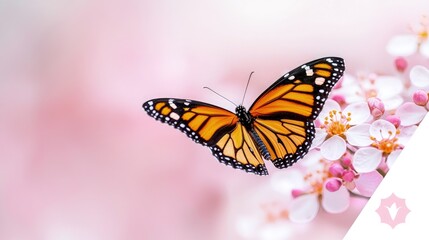 Fototapeta premium Monarch butterfly in flight near pink blossoms.