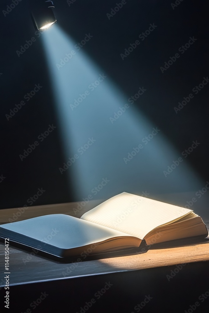 Poster a book is open on a table with a light shining on it. the light creates a warm and inviting atmosphe