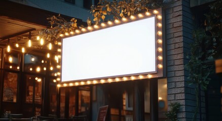 A blank white lighted sign with bulb lights on the edge of it hanging in front of an outdoor cafe, cinematic
