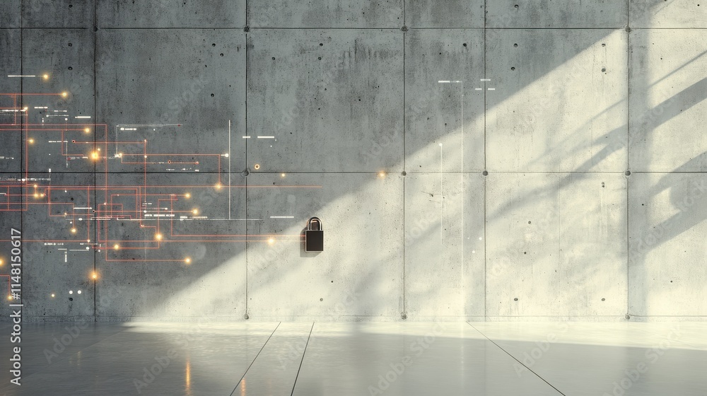 Poster creative padlock on circuit lines in concrete interior with mock up place. privacy and technology co