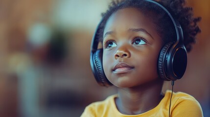 Cute smart african mixed race primary school kid girl wearing headphones distance learning online listening remote digital class watching video class on computer studying at home. Virtual education.