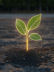 A glowing green seedling emerges from dark soil, symbolizing growth and renewal in nature.