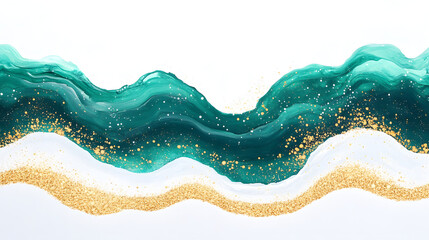 An abstract painting with turquoise and gold hues, blending fluid shapes and bold strokes to create a modern, artistic composition that evokes a sense of luxury, sophistication, and dynamic energy, pe