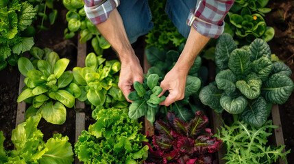 Fototapeta premium Organic Vegetable Gardening: Hands Harvesting Fresh Spinach and Lush Greens in Raised Bed Garden