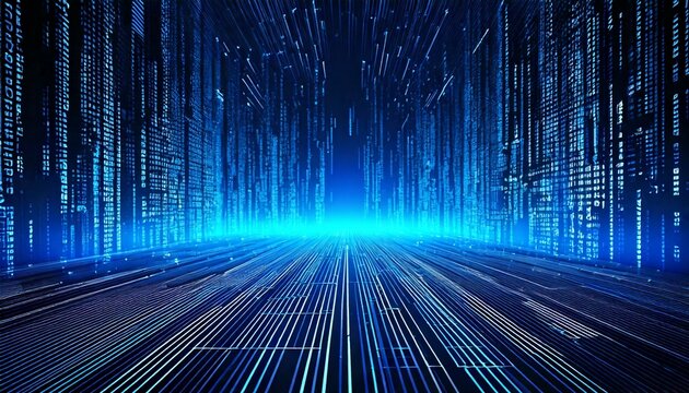 A vibrant, digital cityscape composed of flowing, light-blue code streams.