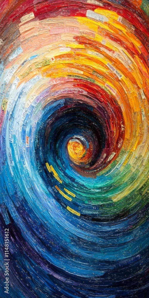 Poster a colorful swirl of paint with a yellow dot in the middle. the swirl is made up of many different co