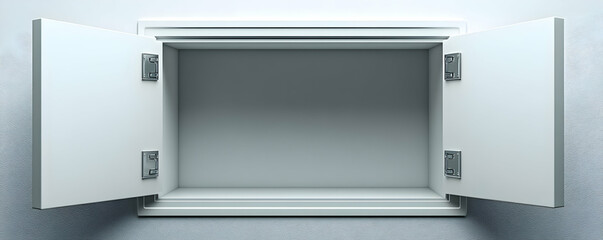 Fototapeta premium An empty white cabinet with doors open, showcasing its interior space.