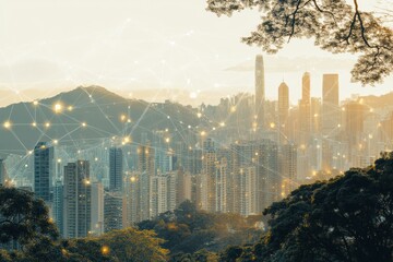 Cityscape blending with digital neural network showcasing AI integration in an urban environment during golden hour. Generative AI