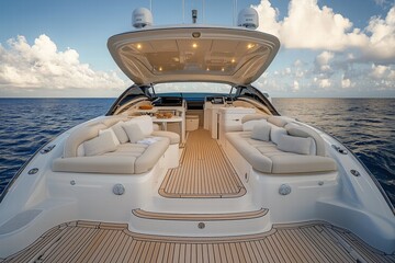 A luxurious yacht interior with plush seating and a spacious deck, overlooking calm waters under a blue sky with fluffy clouds.
