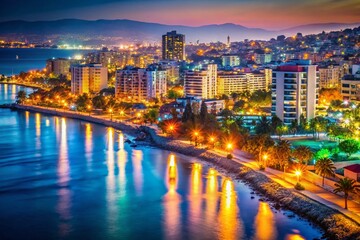 Obraz premium Limassol Cyprus Skyline Bokeh Night Photography, Stunning Cityscape, Coastal View, Mediterranean Sea, Beautiful Night Lights