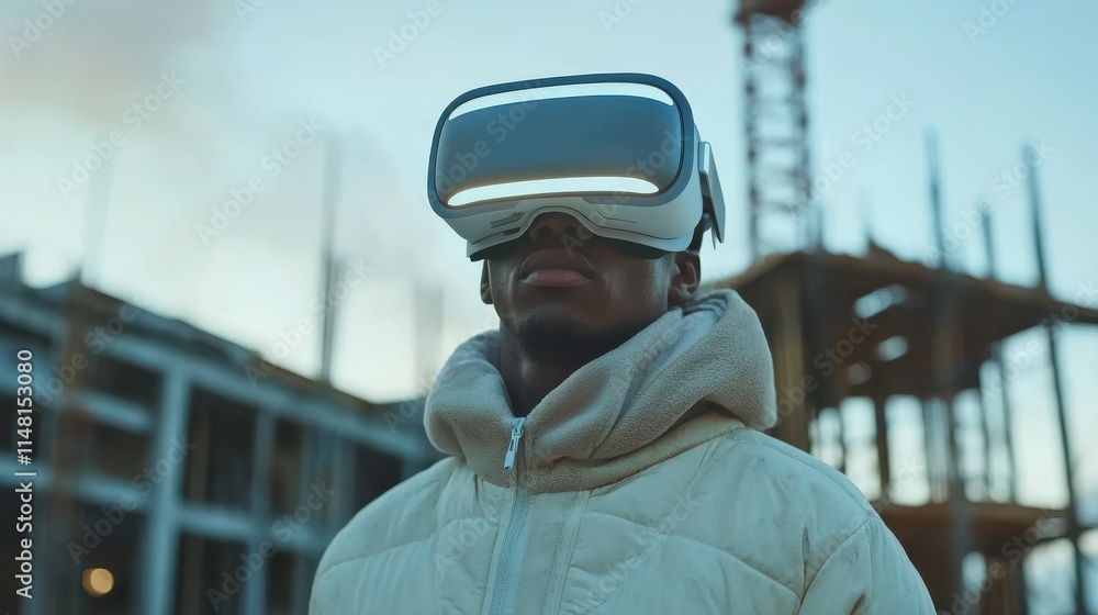 Poster man engineer using vr goggles on construction site.