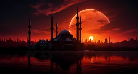 Fototapeta premium sunset in the background mosque and a moon