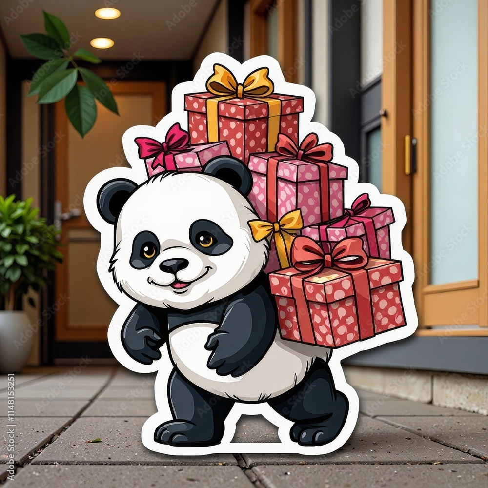 Poster a cartoon panda is carrying a stack of red boxes. the panda is smiling and he is happy. the boxes ar