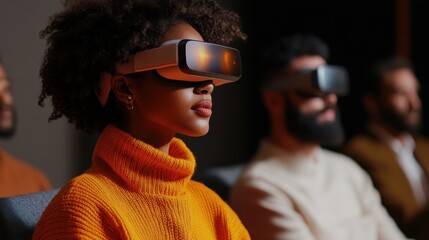 Multiethnical business people having team training exercise during seminar with VR glasses. Young girl in orange sweater presenting results of the project for coworkers