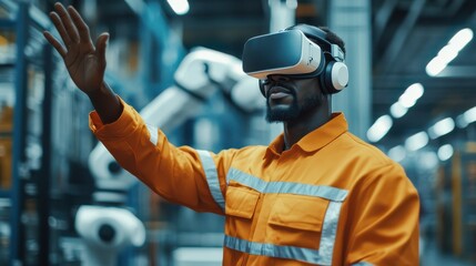 Multiethnic engineers using virtual reality headset inside robotic factory - Industrial and technology concept - Soft focus on african man top hand