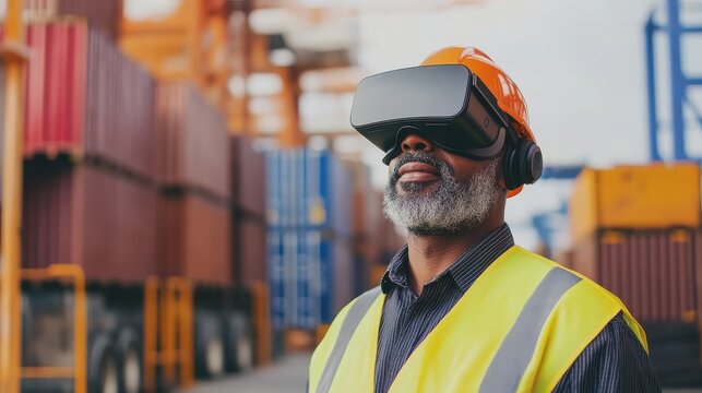 Multiracial workers using virtual reality headsets at Freight Terminal Port - Focus on senior man face