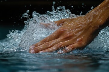 Fototapeta premium Hand splashing in water, creating dynamic spray.