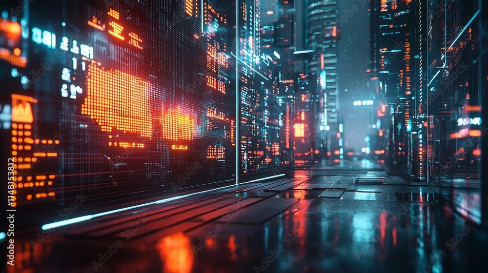 Poster a vibrant digital metropolis comes alive with glowing data streams and advanced robotic trading syst