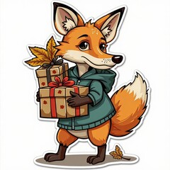Obraz premium A cartoon fox is holding two boxes and a leaf. The fox is wearing a green jacket and he is carrying the boxes as a gift
