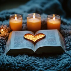 Open book with its pages forming a heart shape under warm, soft lighting.